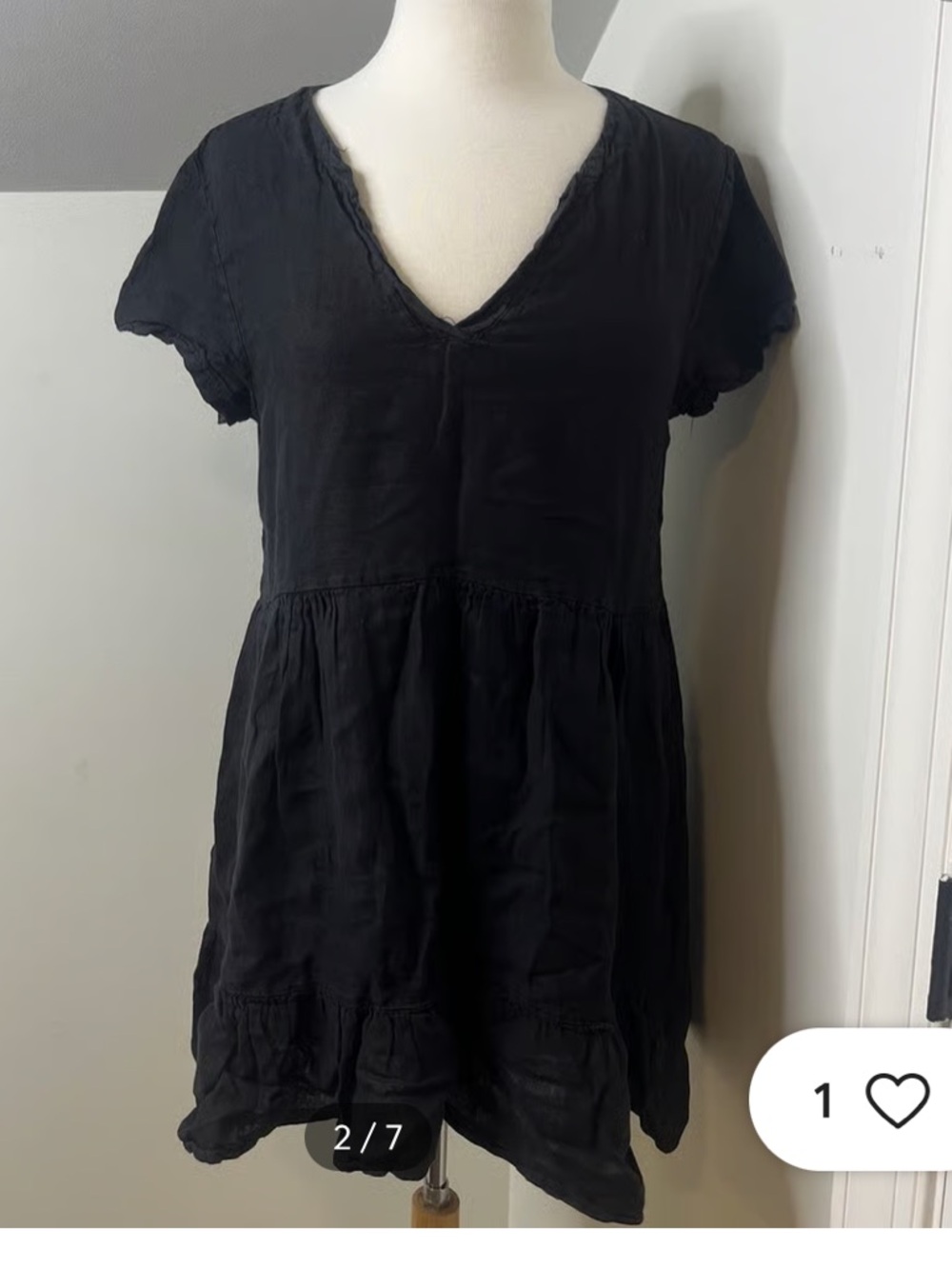 Classic Black V-Neck Tiered Midi Dress - Women's 100% Linen - Picture 2 of 6